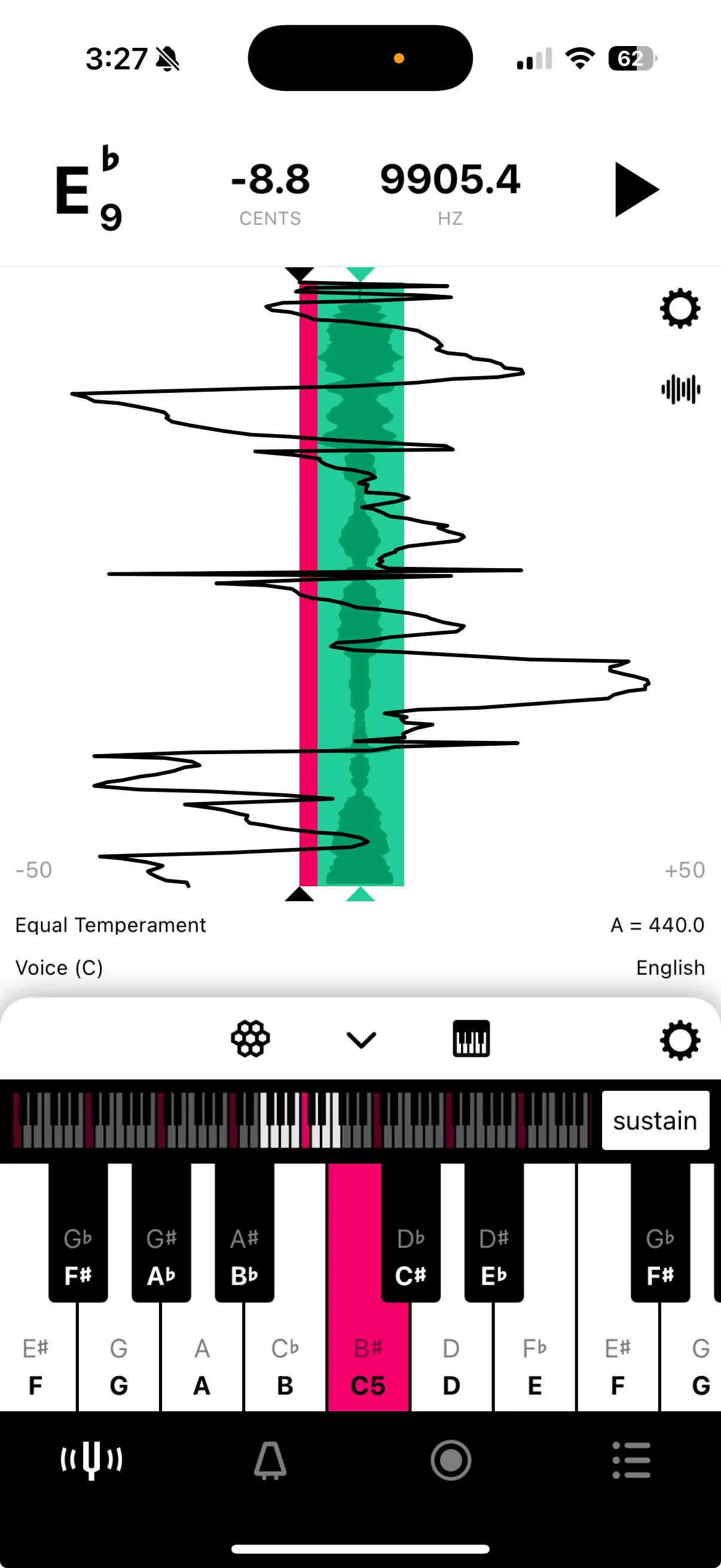 Tunable chromatic tuner showing real-time pitch detection and Sustained Pitch History